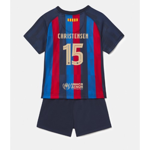 Fotbalové Dres Barcelona Andreas Christensen #15 Dětské Domácí 2022-23 Krátký Rukáv (+ trenýrky)